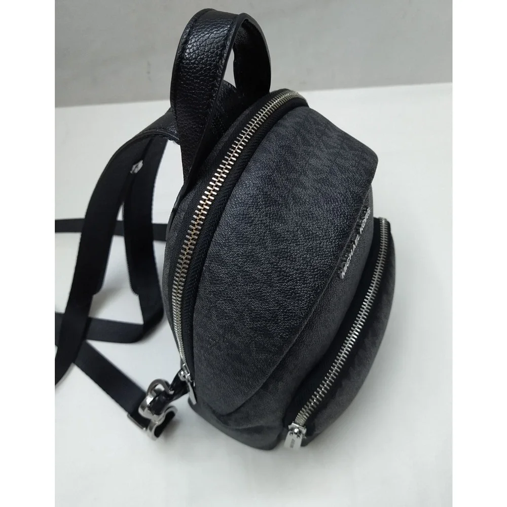 Michael Kors Black Leather MK Printed Zipper Closure Top Handles Backpack